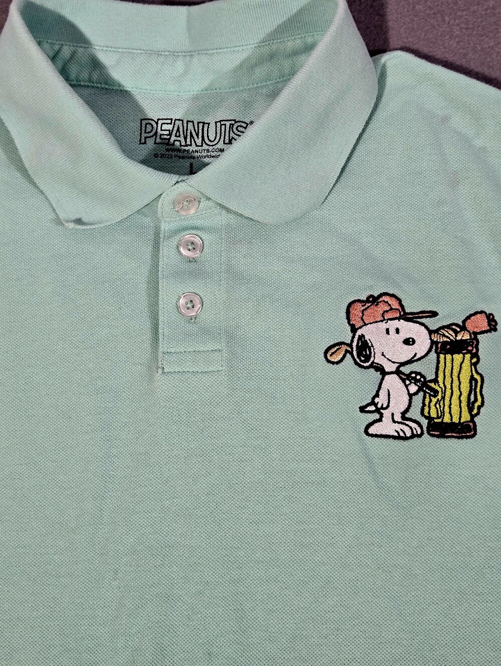Peanuts Men's Mint Green Polo with Embroidered Golf Snoopy - Picture 7 of 9